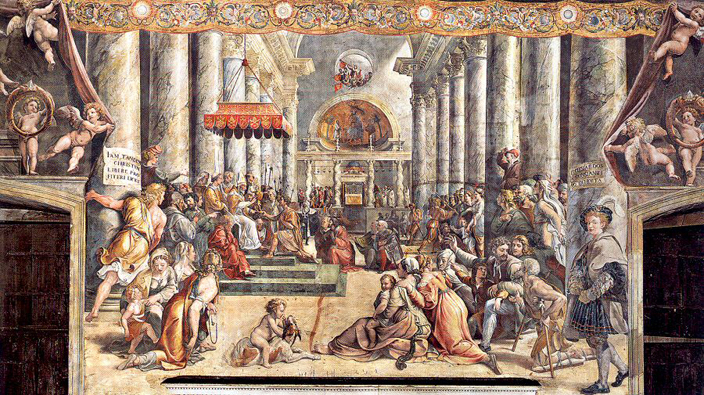 Sixteenth century painting of St Peter's Basilica, before its reconstruction. Old St Peter's, as it is now called, was constructed by the emperor Constantine in the 4th century. Around the shrine of St Peter were four antique spiral columns, allegedly brought from the temple of Solomon, and therefore an important element of the building. This Basilica inspired the construction of Durham Cathedral as well as additions by later Durham Bishops.